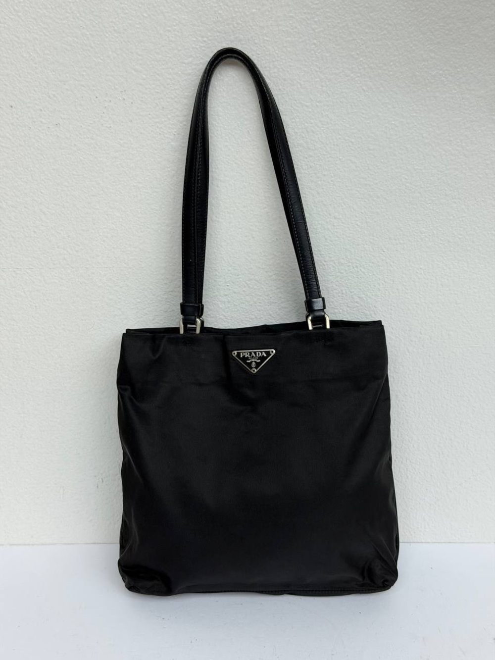 Prada Vintage Black Tessuto Nylon Leather Shoulder Tote Bag Made in Italy